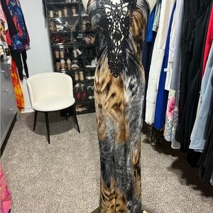 Designer Original **stretch S/M Elegant Animal Print Maxi Dress with Lace Detail